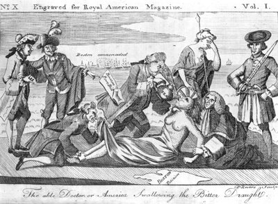 El doctor capaz, o América tragando el trago amargo, grabado por Paul Revere para 
